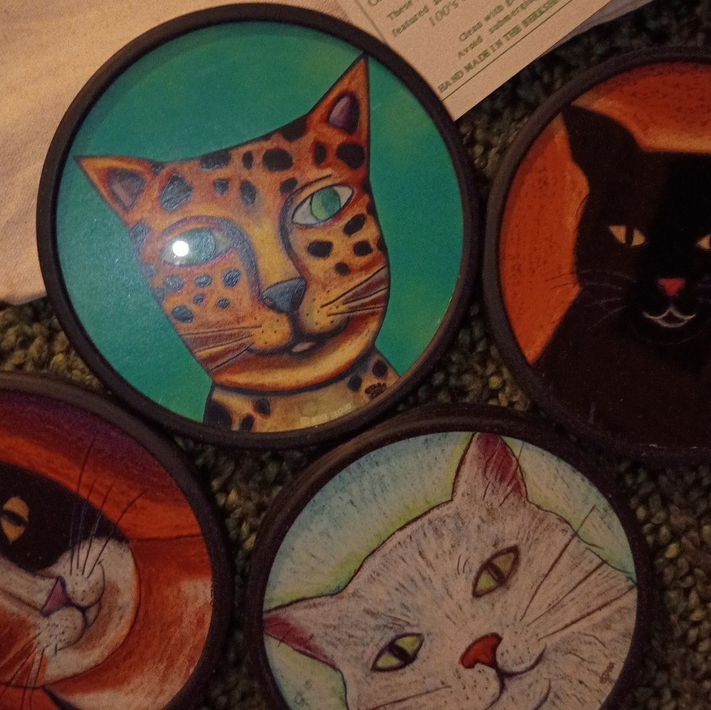 Handmade wood and glass cat coasters